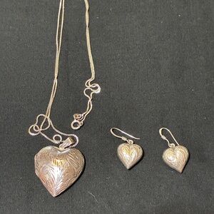 Vintage sterling silver etched heart locket and earring set
